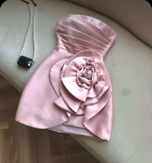 Classy Strapless Pink Satin Pleated Floral Mini Graduation Homecoming Dress Short Prom Dress SP3059