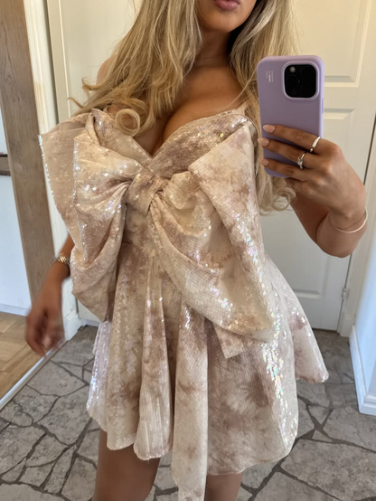Unique Spaghetti Straps Sequin A Line Short Graduation Homecoming Dress Birthday Outfits With Bow SP3598