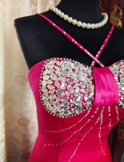 Sexy Hot Pink Satin Beaded Mermaid Party Dress Long Wedding Guest Dress SP1957