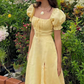 Light Yellow A-line Long Prom Dress with Puff Sleeves Y2701