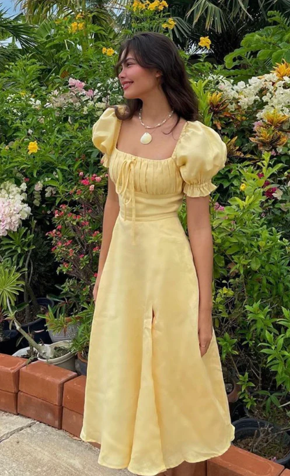 Light Yellow A-line Long Prom Dress with Puff Sleeves Y2701