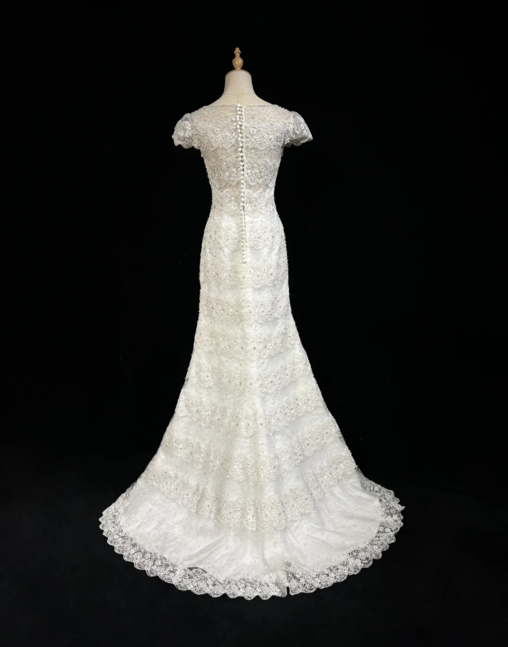 Classy White Lace Beaded Mermaid Long Birthday Prom Dress Formal Evening Dress SP1386