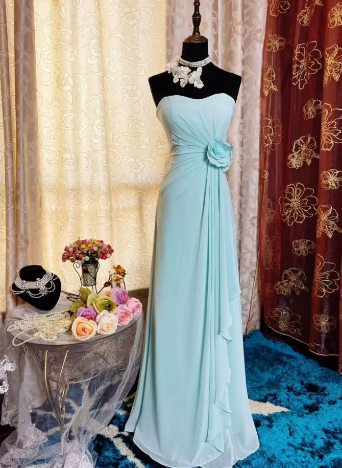 Classy Blue Strapless Chiffon Long Party Dress Birthday Dress With Floral SP1952