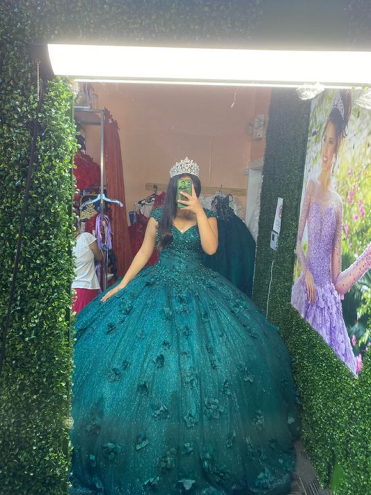 Emerald 3D Flowers Quinceanera Dress Sweet 15 16 Party Ball Gown Y6073