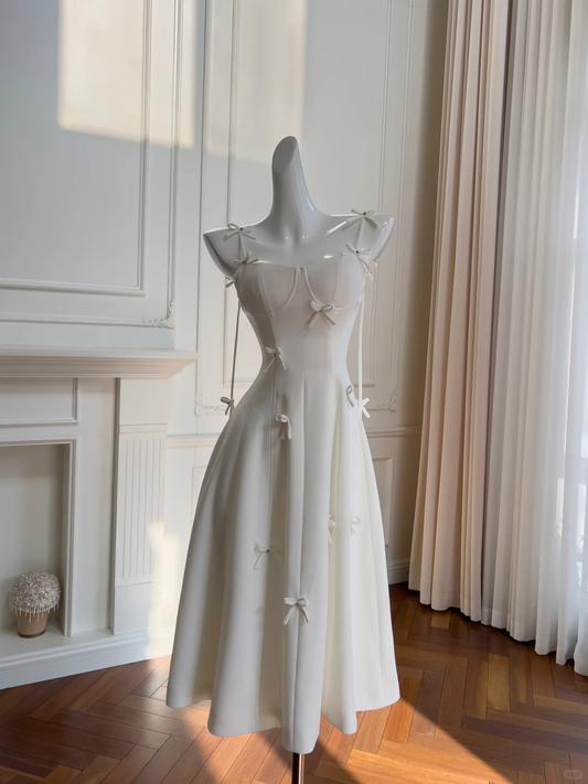Cute White Spaghetti Straps Satin Bow Midi Party Dress Formal Wedding Guest Dress SP2574