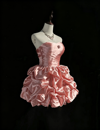 Cute Strapless Satin Pleated A Line Short 17th Birthday Outfits,Pink Short Homecoming Dress SP2925