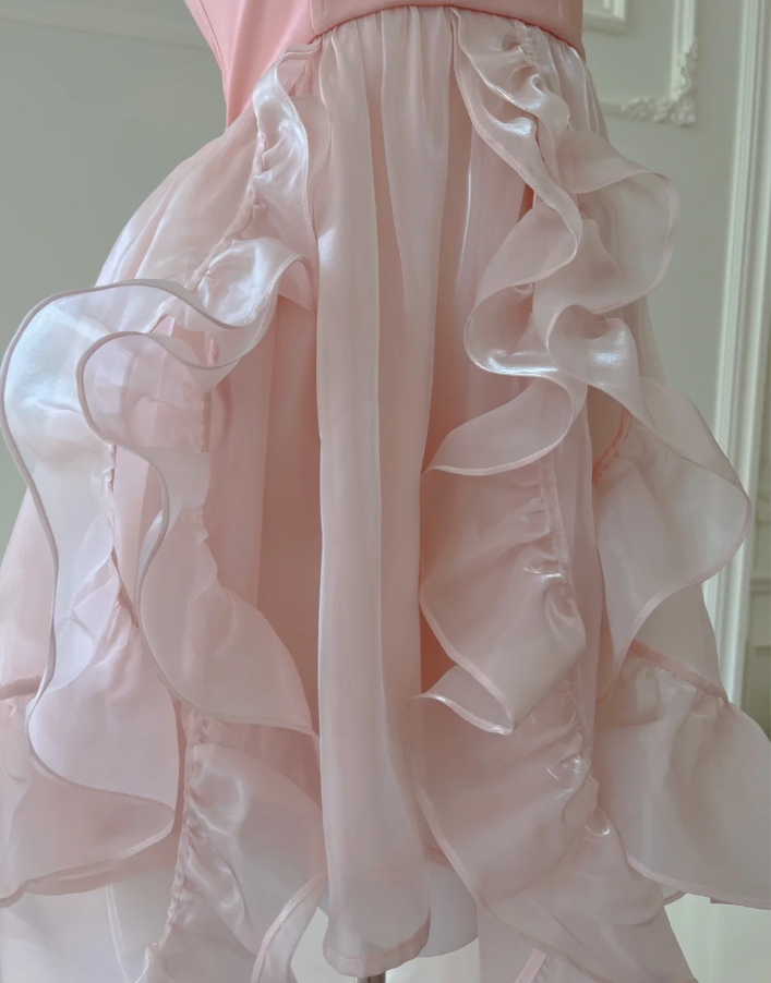 Simple Halter Pink Tulle Pearls Beaded High-Low Ruffles Homecoming Dress Party Dress Y8582
