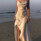 Simple Satin Slit Long Prom Dreess Blue Spaghetti Straps Party Evening Gown Y7570