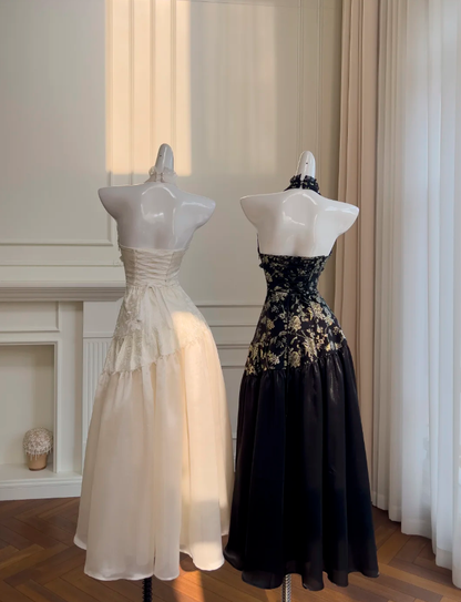 Elegant Black Halter Satin Print Floral Sequins Evening Dress,Long ALine Prom Dress Y8568