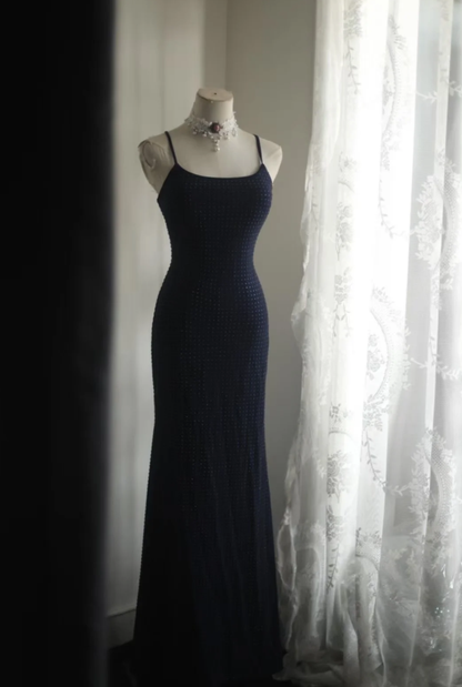 Gorgeous Spaghetti Straps Navy Blue Satin Beaded Mermaid Long Party Dress Formal Wedding Guest Dress SP1258