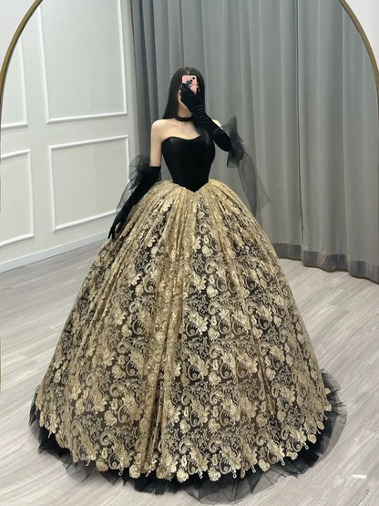 Vintage / Retro Gold Black Printing Ball Gown Corset Backless Floor-Le Simplepromdress Vintage / Retro Gold Black Printing Ball Gown Corset Backless Floor-Le Simplepromdress