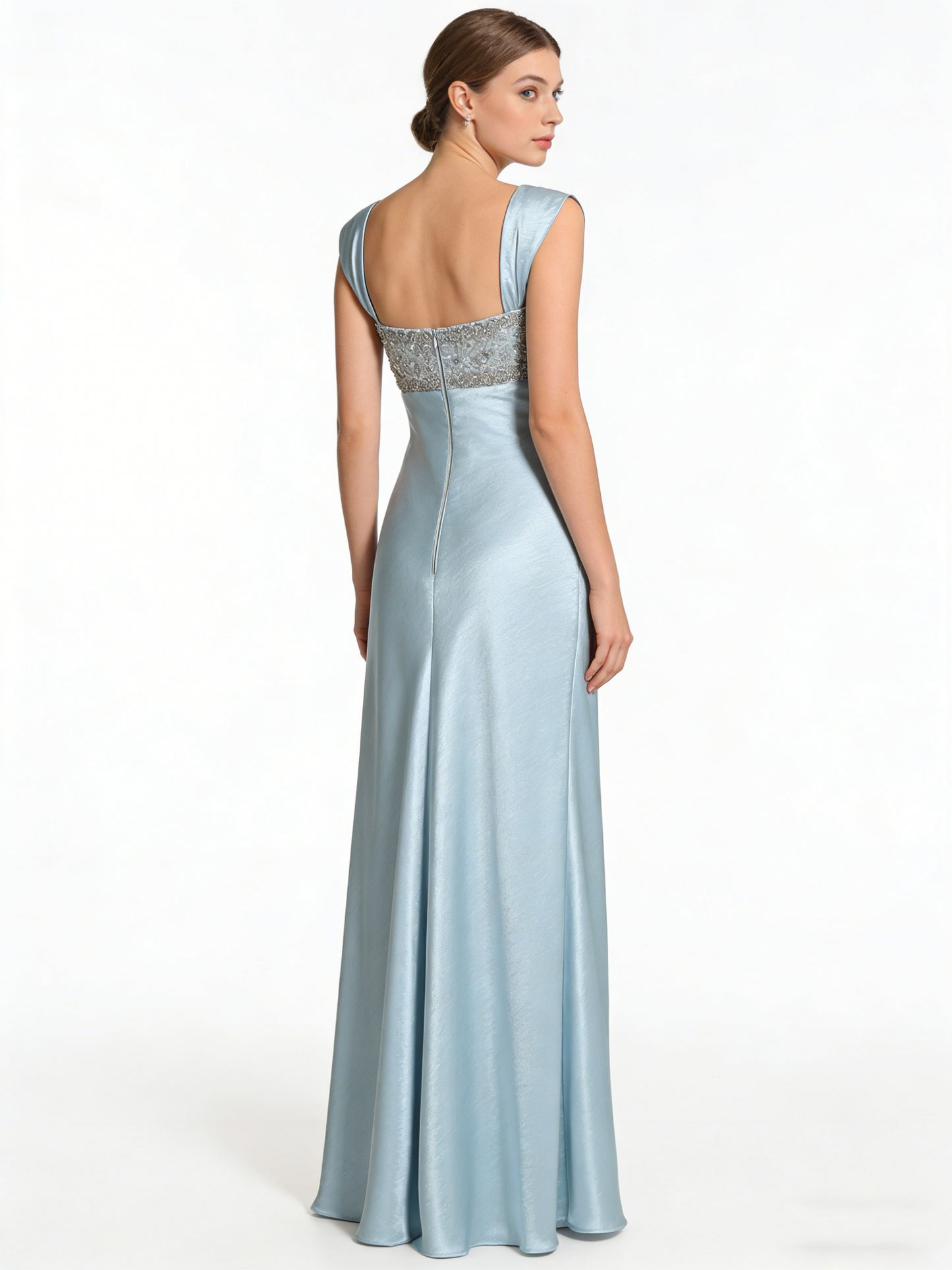 Classy Blue Satin Beaded Long Party Dress Formal Evening Dress SP2054