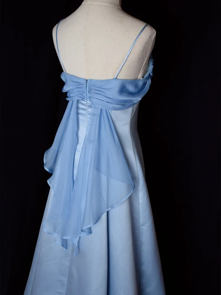 Elegant Blue Satin Spaghetti Straps Evening Gown A Line Long Party Dress Prom Dress Y7557