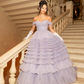 Sweet Lavender Off The Shoulder Tulle Pleated Ball Gown Formal Quinceanera Dress SP579