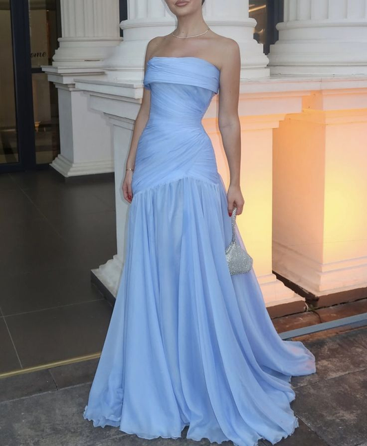Chic Blue Strapless Sleeveless Chiffon Pleated A Line Long Prom Dress Evening Gown Formal Wedding Guest Dress SP396