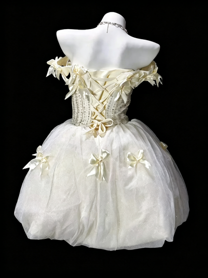 Elegant Pastel Yellow Tulle Satin Beaded A Line Short Graduation Homecoming Dress,Off The Shoulder Mini Birthday Dress With Bow SP3179