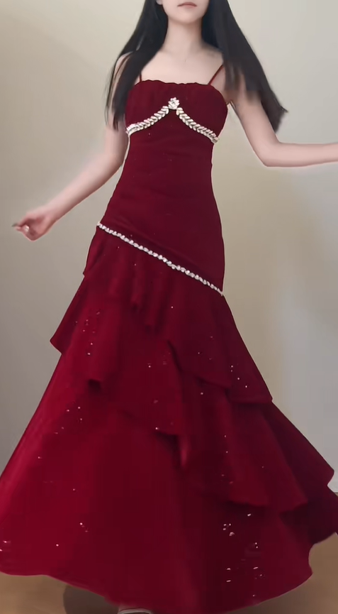 Shiny Spaghetti Straps Red Velvet Sequin Beaded Ruffles Mermaid Party Dress Long Prom Dress SP429