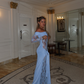 Charming Off The Shoulder Blue Lace Satin Mermaid Long Party Dress Birthday Prom Gown SP1343