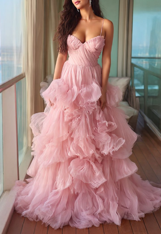 Sweet Spaghetti Straps Pink Tulle Pleated Long Evening Dress Formal Princess Birthday Outfits SP1111