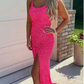 Cute Sheath Scoop Neck Straps Orange Sequins Prom Dresses with Slit Y1400