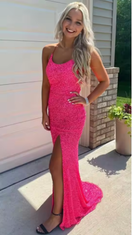 Cute Sheath Scoop Neck Straps Orange Sequins Prom Dresses with Slit Y1400