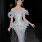 Glamorous Off The Shoulder Sky Blue Tulle Sequin Beaded Mermaid Long Party Dress Prom Dresses SP1273