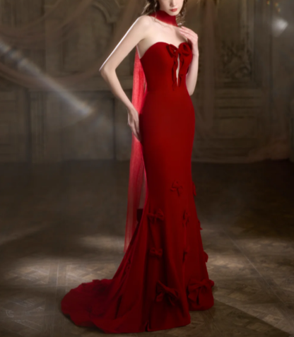 Classy Strapless Red Satin Bow Mermaid Long Wedding Guest Dress Formal Party Dress With Scarf SP2097