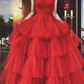 A-line Spaghetti Straps Red Tulle Tiered Prom Dress,Red Evening Gown  Y4644