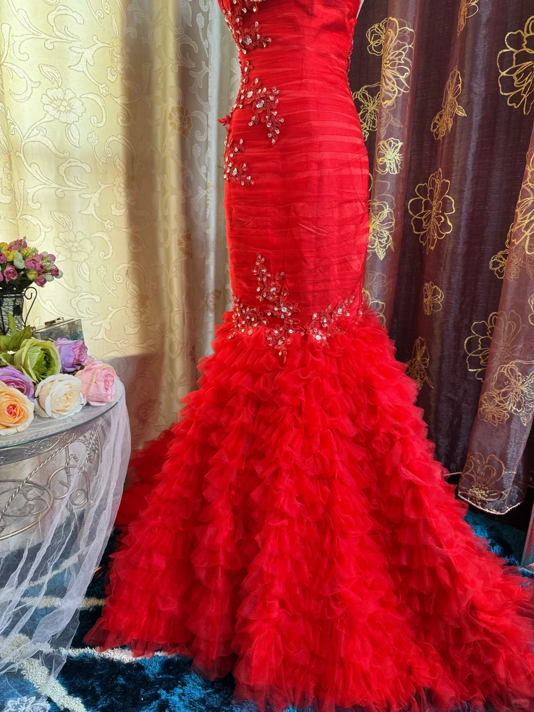 Gorgeous Strapless Satin Tulle Appliques Beaded Prom Dress Red Mermaid Long Evening Dress SP2382