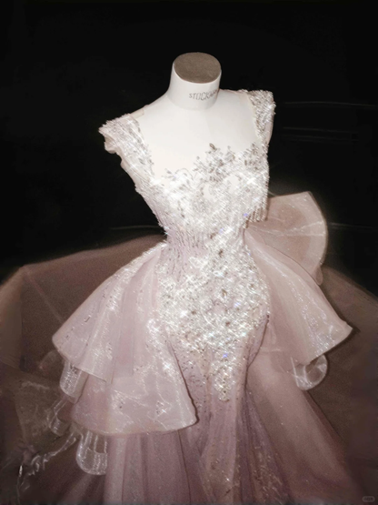 Glamorous Lavender Tulle Beaded Mermaid Prom Dress,Formal Evening Dress Y8669