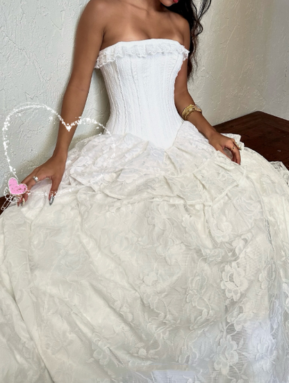 Classy Strapless White Lace Long wedding Dress Bridal Dress SP1115