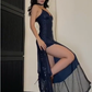 Charming Sequins Slit Navy Blue Prom Dress Sexy Evening Dress Y7671