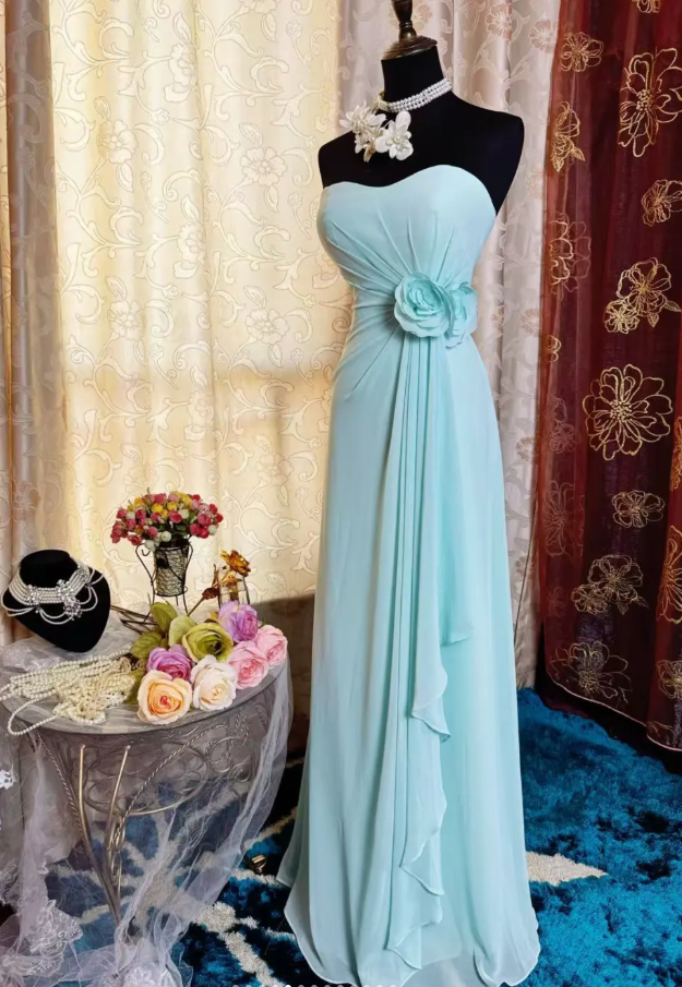 Classy Blue Strapless Chiffon Long Party Dress Birthday Dress With Floral SP1952