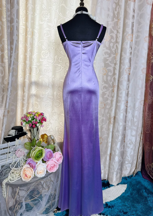 Classy Spaghetti Straps Purple Satin Appliques Mermaid Slit Party Dress Long Wedding Guest Dress SP1943