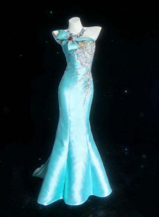 Glamorous Blue One Shoulder Satin Sequin Beaded Mermaid Evening Dress Long Birthday Party Dress SP1595