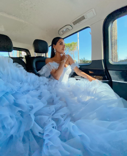 Charming Off The Shoulder Sky Blue Tulle Pleated Long Party Dress Birthday Outfits SP1129