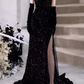 Black Mermaid Sequins Prom Dress Spaghetti Straps Sleeveless Beading Party Gown  Y4110