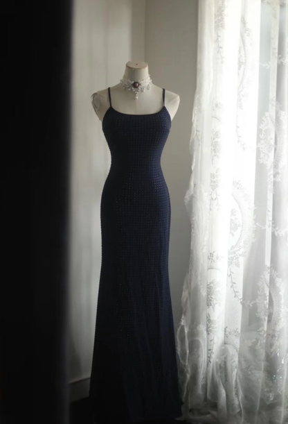 Gorgeous Spaghetti Straps Navy Blue Satin Beaded Mermaid Long Party Dress Formal Wedding Guest Dress SP1258