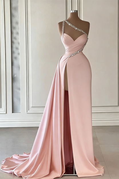 Gorgeous One Shoulder Hot Pink Satin Beaded Long Prom Dress Slit Evening Dress Y7692