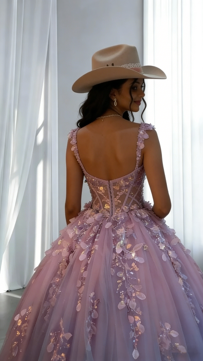 Glamorous Spaghetti Straps Tulle Sequin Appliques Ball Gown Lavender Quinceanera Dress SP1803