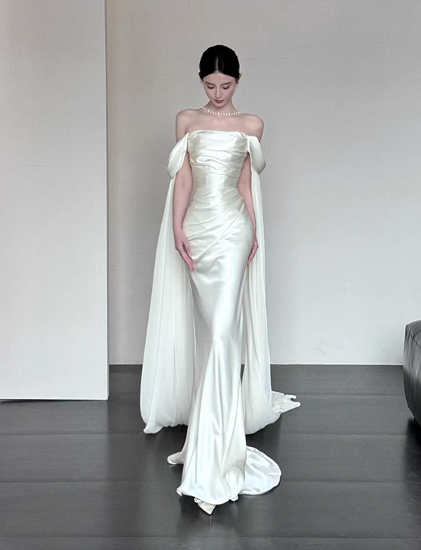 Glamorous Off The Shoulder Satin Chiffon Mermaid Long Evening Dress White Birthday Prom Dress SP2021