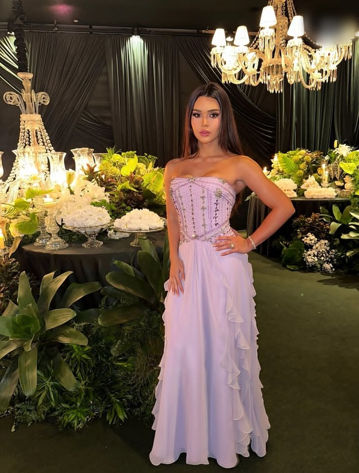 Classy Lilac Strapless Chiffon Ruffles Beaded A Line Long Prom Gown Birthday Party Dress SP596