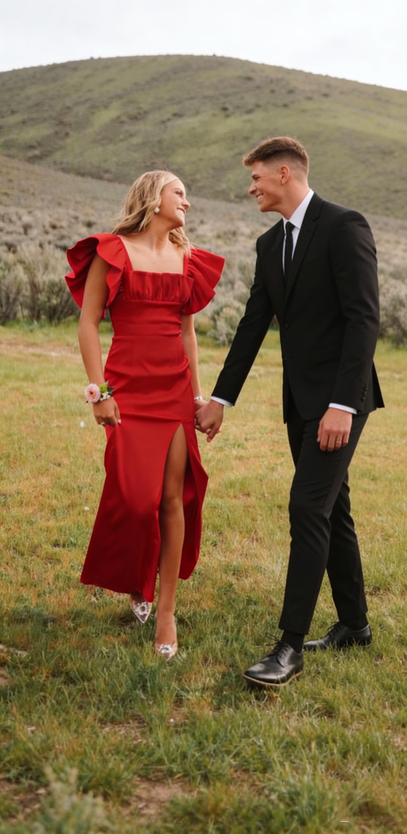Square Neck Flutter Sleeve Hot Pink Long Prom Dress Evening Dress With Split  Y2981