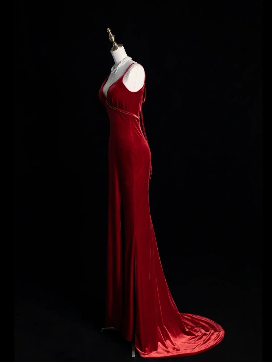 Sexy Spaghetti Strap Velvet Long Wedding Guest Dress Red Mermaid Long Party Dress SP4103