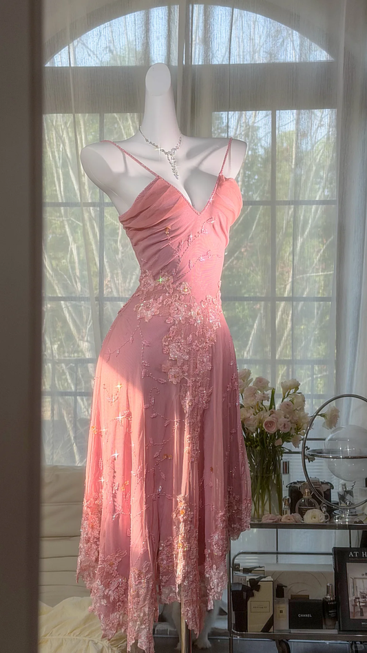 Charming Blush Pink V Neck Chiffon Beaded Sequin Long Birthday Dress Evening Dresses SP2183