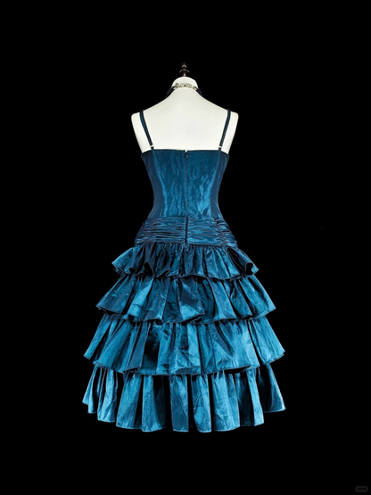 Elegant Peacock Blue Satin Floral Beaded Layered Short Homecoming Dress,Spaghetti Straps A Line Mini Prom Dress SP3394