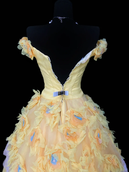 Vintage Off The Shoulder Yellow Tulle Lace Appliques Quinceanera Dress Sweet 15 Dress SP4081
