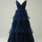 A Line Spaghetti Straps Navy Long Prom Dress With Ruffles Y6766