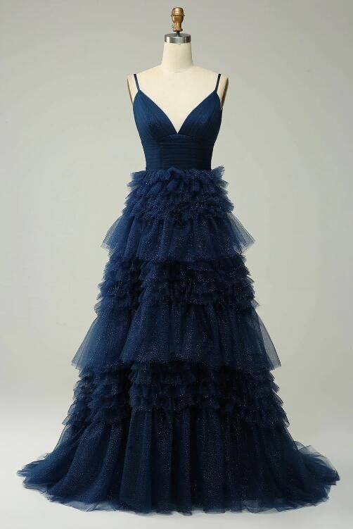 A Line Spaghetti Straps Navy Long Prom Dress With Ruffles Y6766