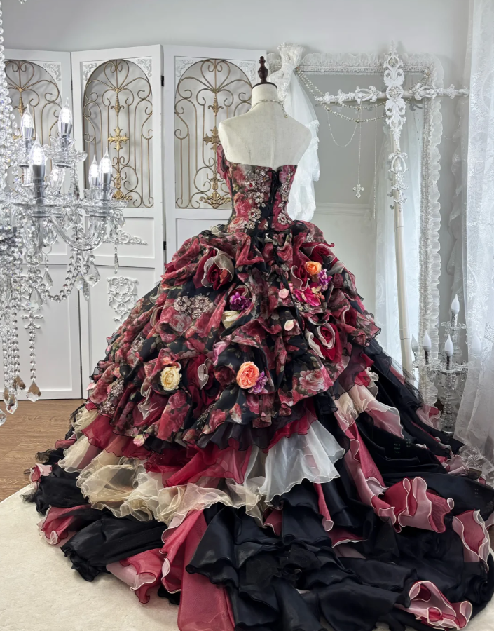 Vintage Strapless Ball Gown Chiffon Rose Floral Ruffle Princess Quinceanera Dress SP1771